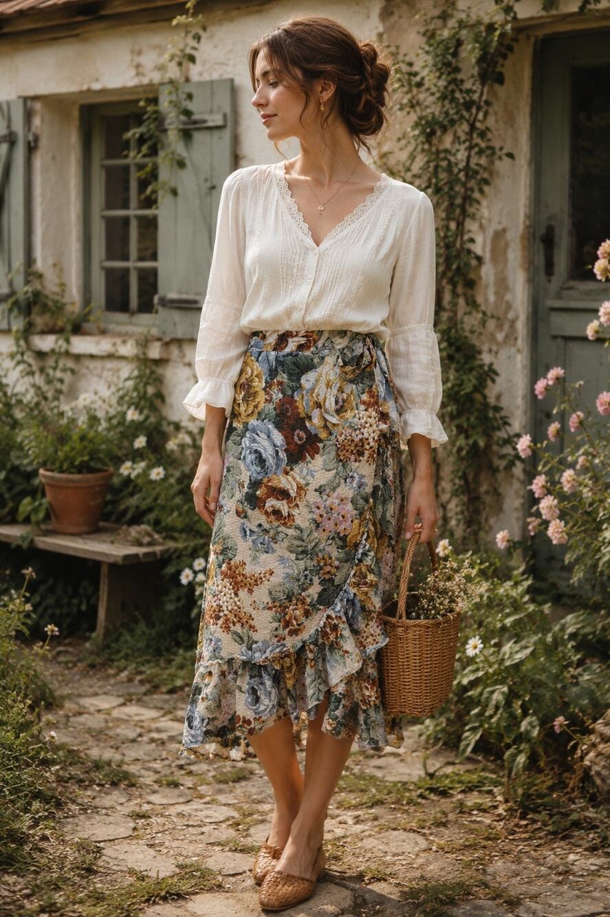 Stella Nova Copenhagen Floral Wrap Midi Skirt Ruffle Hem Cottagecore Size 38